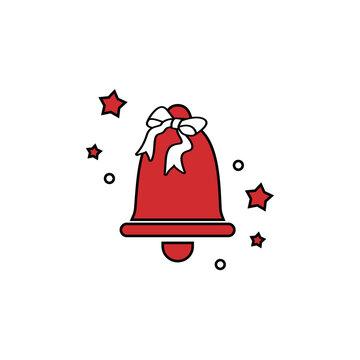 Red single bell ornament for christmas icon. School bells with bow or flower ribbon. Thin line bell icon with star. Vector illustration