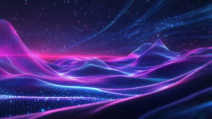 Poster - Abstract cyber landscape with luminous lines representing global data transfer, high-speed internet, and modern connectivity.