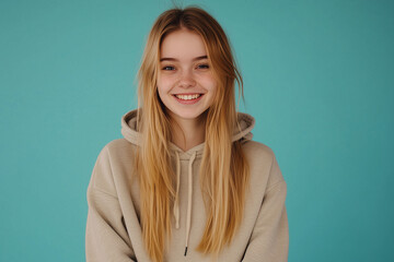 Blonde girl in hoodie with one emotion