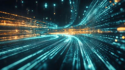 Poster - Abstract cyber landscape with luminous lines representing global data transfer, high-speed internet, and modern connectivity.