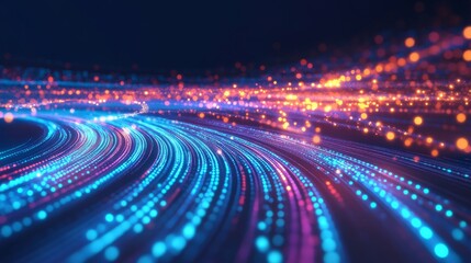 Poster - Abstract technology background with glowing nodes and flowing data lines, representing fast broadband connections.