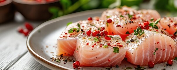 Wall Mural - Raw salmon fillet seasoned with herbs and peppercorns on a plate.