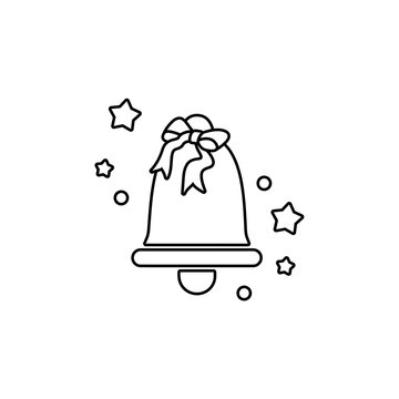 Single bell ornament for christmas icon. School bells with bow or flower ribbon. Thin line bell icon with star. Vector illustration