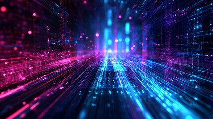 Poster - Digital cyber tech background with vibrant lines and glowing grids symbolizing ultra-fast data transfer and global connections.