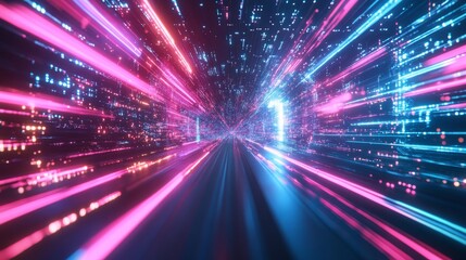 Poster - Futuristic tech design with glowing grids and fast-moving lines, showcasing ultra-fast broadband and data transfer.