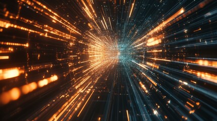  - High-speed digital motion with luminous lines and interconnected grids, representing global data transfer networks.