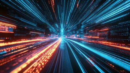  - High-speed digital motion with luminous lines and interconnected grids, representing global data transfer networks.