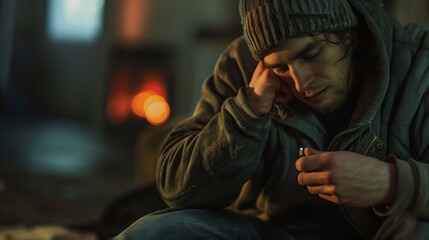 Person sitting alone, holding a small object, intently focused with a tense expression, symbolizing addictive habits and personal struggle, isolated figure in introspective moment.