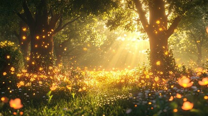 Wall Mural - Sunlit Forest with Glowing Flowers and Butterflies