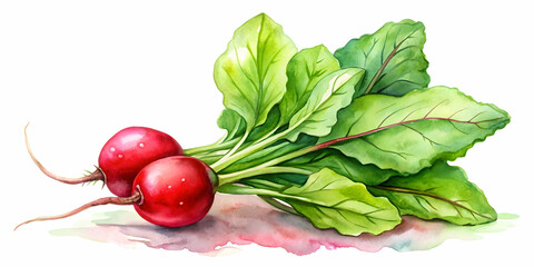 Watercolor painting of a vibrant red radish with green leaves, watercolor, painting, red, radish, vegetable, green leaves, botanical