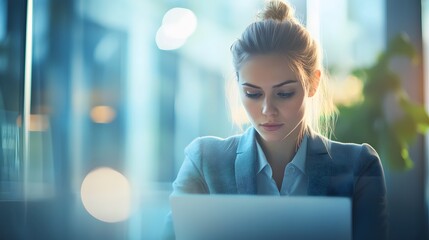 Wall Mural - Young woman in a blazer looking at her laptop in a cafe