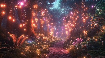 Wall Mural - Enchanted Forest Path Lit with Glowing Lights