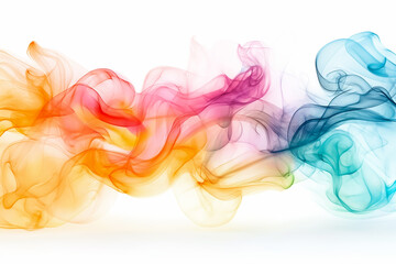 Poster - Graceful waves of colorful smoke swirl and blend into one another, showcasing vibrant hues of orange, pink, blue, and purple against a clean, bright background, ideal for modern wallpaper designs