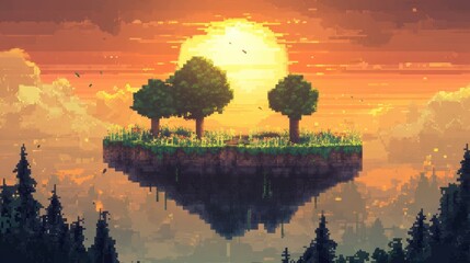 Sticker - Floating Island with Trees at Sunset in Pixel Art Style