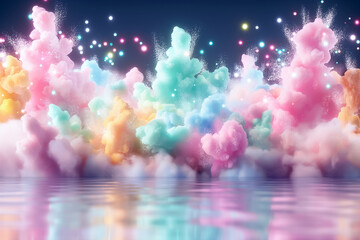 Poster - A stunning display of colorful clouds in shades of pink, blue, and green, softly reflecting on still water. This captivating backdrop evokes a dreamy atmosphere, perfect for digital creations