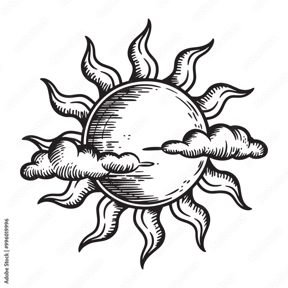 Sun and clouds. Hand drawn vector illustration in vintage engraved ...