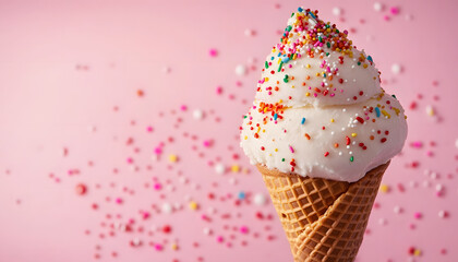 delightful ice cream cone topped with colorful sprinkles against a soft pink background