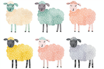 Set of 6 pastel-colored sheep in a whimsical design