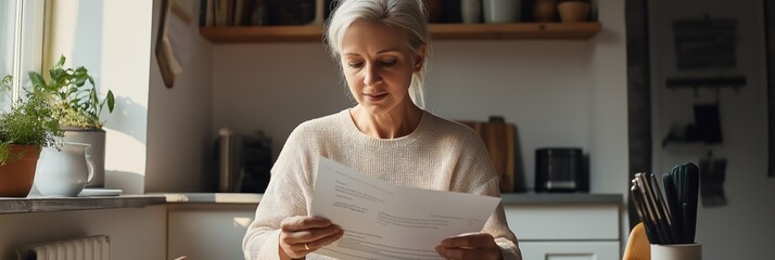 Wall Mural - A woman is sitting at a table reading a piece of paper. She is wearing a sweater and has a potted plant in front of her