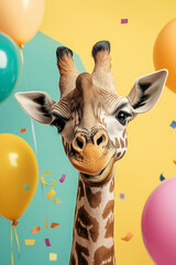 Wall Mural - Creative animal concept with giraffe. Birthday party card, invite invitation banner 