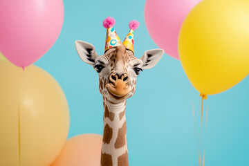 Wall Mural - Creative animal concept with giraffe. Birthday party card, invite invitation banner 