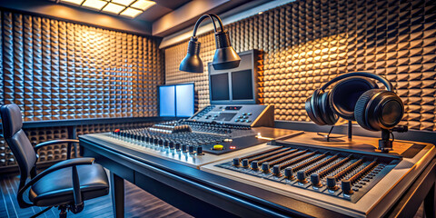 A professional studio radio setup with microphones, headphones, mixing board, and soundproofing panels , radio