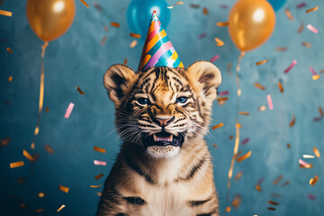 Wall Mural - Creative animal concept with tiger. Birthday party card, invite invitation banner, blue background