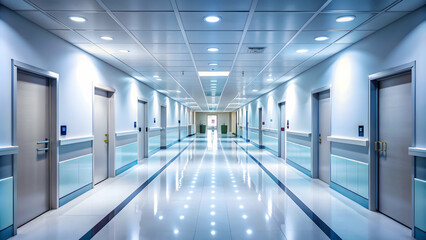  Long hospital corridor with rooms, seats, and bright lighting , hospital, corridor, rooms, seats, bright, long, rendering