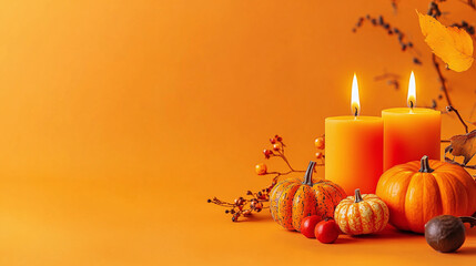 Wall Mural - Bright autumn greeting card mocks candles, pumpkins and decorations on a light orange background with copy space for your design. Border concept for Halloween and Thanksgiving