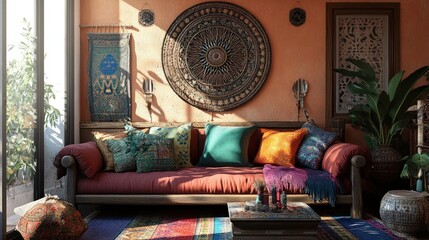 Wall Mural - A Relaxing Moroccan-Style Living Room with a Couch, Pillows, and a Decorative Wall