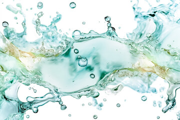 Poster - Turquoise water splashes energetically create vibrant patterns, releasing bubbles that catch the light. The bright white background enhances the freshness of the scene