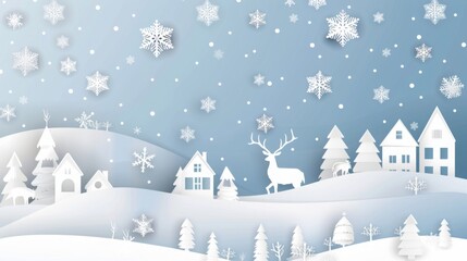 Elegant Paper Art Christmas Background with Falling Snowflakes, Houses, and Deer in Winter Landscape. Vector Illustration for New Year Card Template Design in White, Blue, and Pastel Colors.