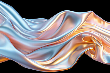 Poster - A beautifully draped silk fabric showcases soft waves and gentle folds, reflecting a mix of blue, silver, and peach tones against a deep black backdrop