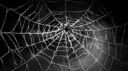 black and white photograph of an intricate spider web set against a misty nighttime background