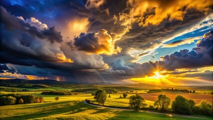 Wall Mural - Dramatic weather shifts weave dark clouds with bright sunshine, casting enchanting contrasts over a serene landscape. Dusk embraces the scene, revealing nature's stunning beauty.