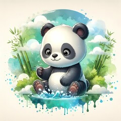 A cute panda in a peacefully forest, sitting on the water with watercolor splash, cartoon style, white background