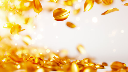 Poster - Golden leaves cascade gently against a smooth white backdrop, capturing the essence of autumn and evoking a sense of calm and warmth in the atmosphere