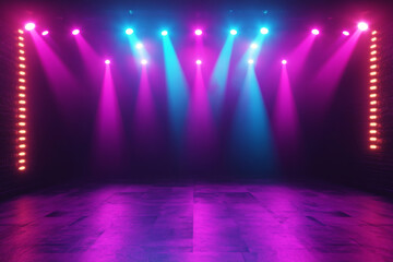 Empty stage illuminated by vibrant pink and blue spotlights. Concert stage with neon colored spotlights. Concert hall or theater background with copy space