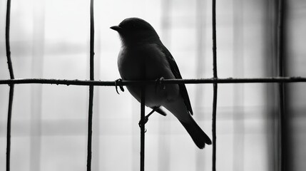 Canvas Print - A Silhouetted Bird Perched on a Wire Fence