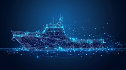 Digital Ship On Blue Technology Background. Abstract Boat In Lines, Connected Dots And Triangles.