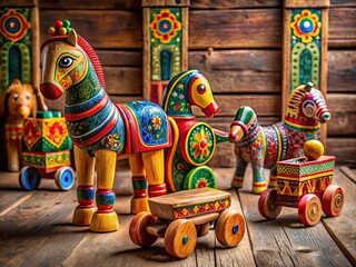 A vibrant wooden toy displayed against a rustic backdrop, highlighting exquisite craftsmanship and lively colors that celebrate traditional artistry and playful imagination.