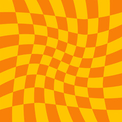 Wall Mural - Twisted checkered colorful background. Abstract vector pattern. Orange and yellow colors. Retro wavy psychedelic checkerboard