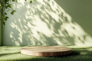 grass and wooden circle podium for product presentation, leaf shadows on the wall, 3d render, 3d illustration with generative ai