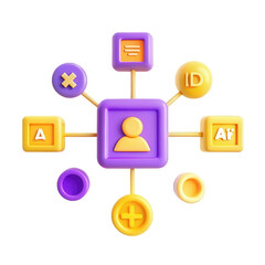 Poster - A vibrant 3D illustration of colorful icons connected in a network. The design represents user interaction and organization using modern visual elements.