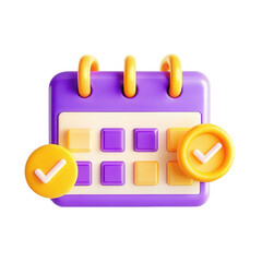 Poster - A vibrant 3D model representing a calendar icon, featuring a purple base with yellow accents. Ideal for digital applications and designs.