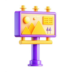 Poster - A vibrant 3D model of a billboard displaying stylized mountains and trees, featuring a playful blend of purple and yellow tones.