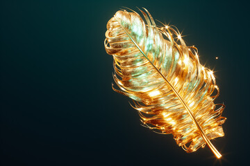 Poster - A beautifully crafted golden feather glints with light against a deep dark background, creating a captivating and elegant wallpaper design that adds sophistication to any space
