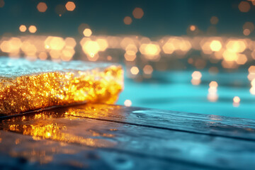 Poster - A golden slab glistens next to a serene water surface, reflecting warm light amid a backdrop of soft, blurred bokeh. The scene evokes a tranquil and inviting atmosphere