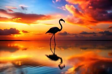 Wall Mural - Lone flamingo silhouette against vibrant sunset sky