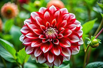 Wall Mural - A striking red and white flower unfolds beautifully amidst a garden, embraced by rich, lush green leaves that enhance its vibrant colors and serene atmosphere.